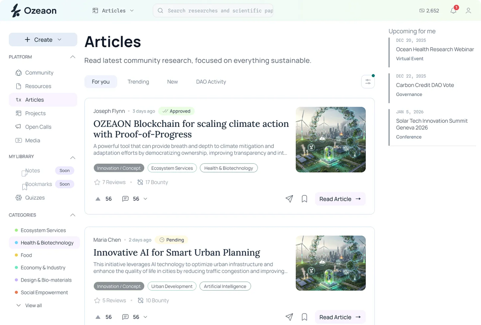 Ozeaon Articles feed listing peer-reviewed research with reviews and bounties.