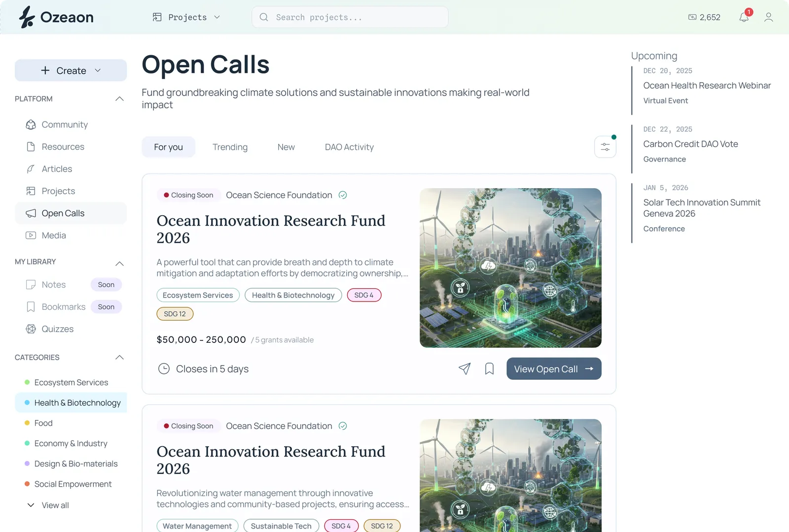 Ozeaon Open Calls feed listing funding opportunities and research grants.