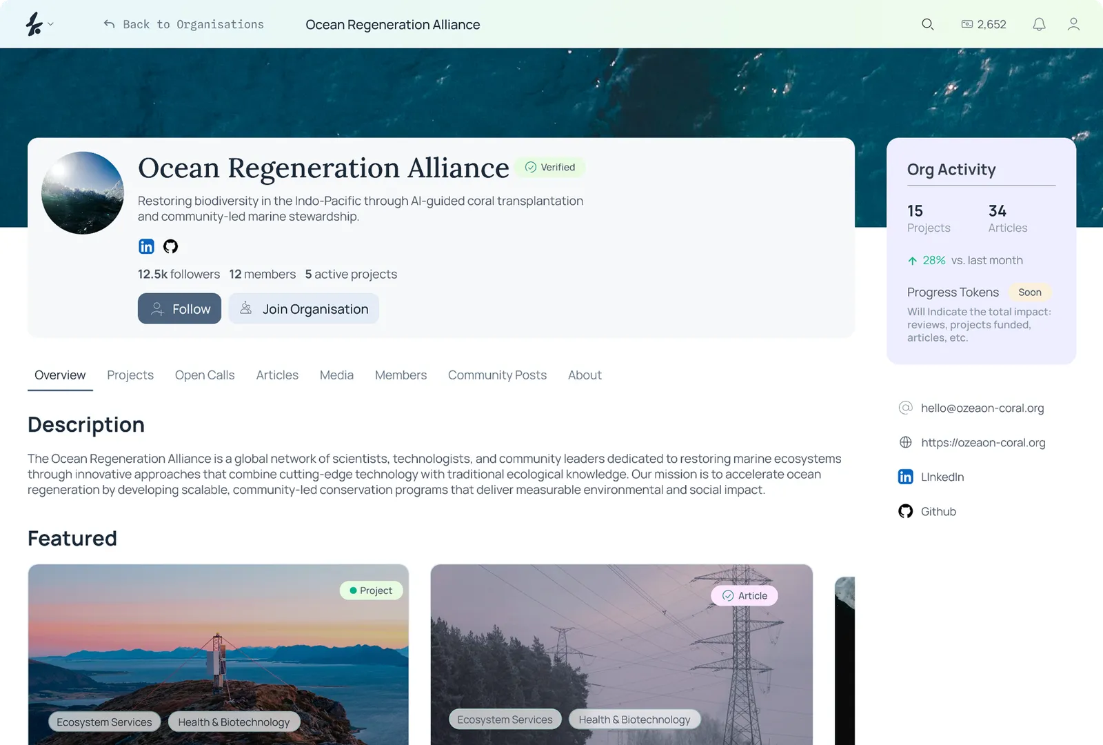 Ozeaon organisation page for the Ocean Regeneration Alliance with activity stats.