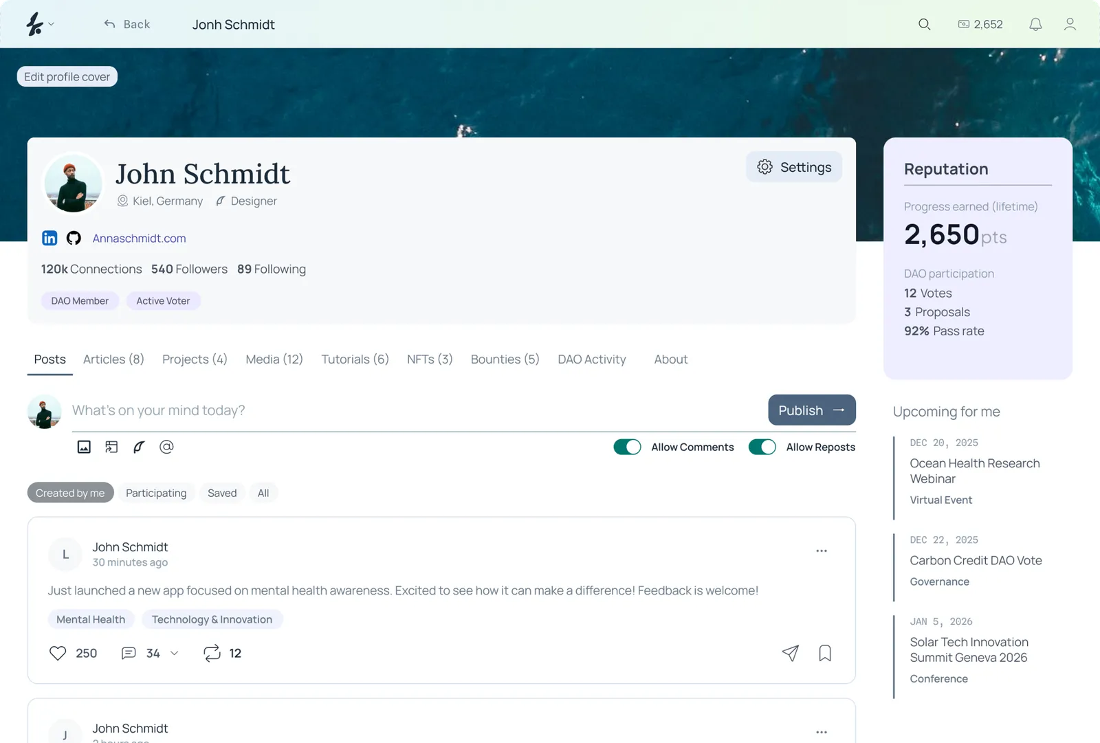 Ozeaon member profile showing reputation, DAO participation, and posts.