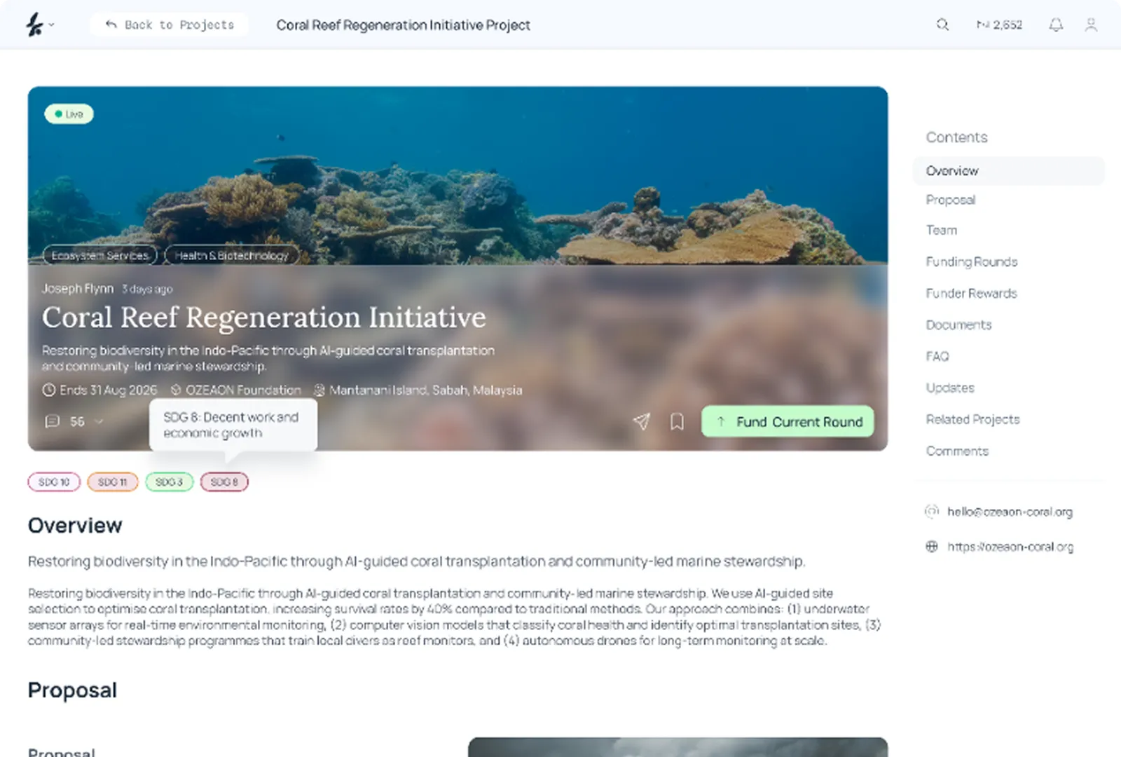 Ozeaon project page for the Coral Reef Regeneration Initiative with funding details.