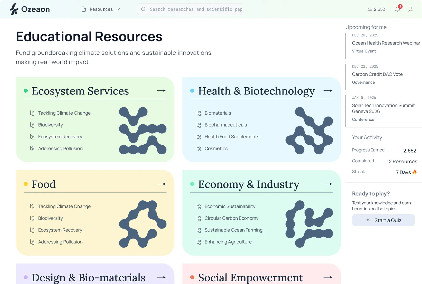 Ozeaon Educational Resources page with topic categories and learning pathways.